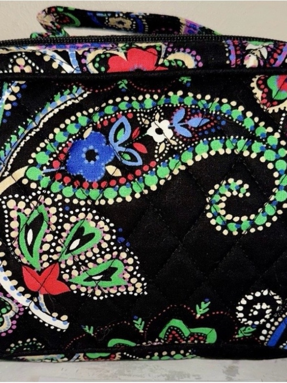 Vera Bradley Black Quilted Cosmetic Bag with Bright Floral Paisley Print